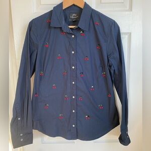 J. Crew organic cotton women’s Blue Cherry-Embroidered button down Shirt size S